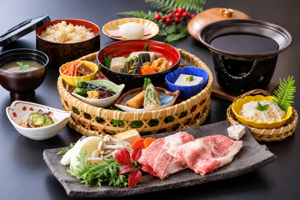 Shojin Dining 桐宝珠の牛肉を添えた御膳の盛付例