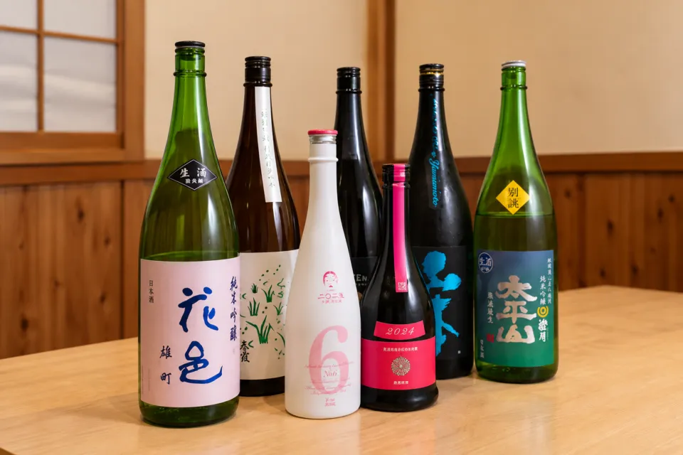 酒庵 田なかの日本酒の瓶が並ぶ様子