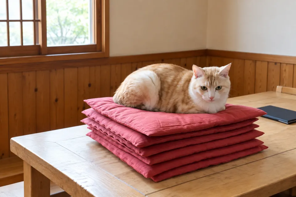 酒庵 田なかの座布団の上でくつろぐ保護猫