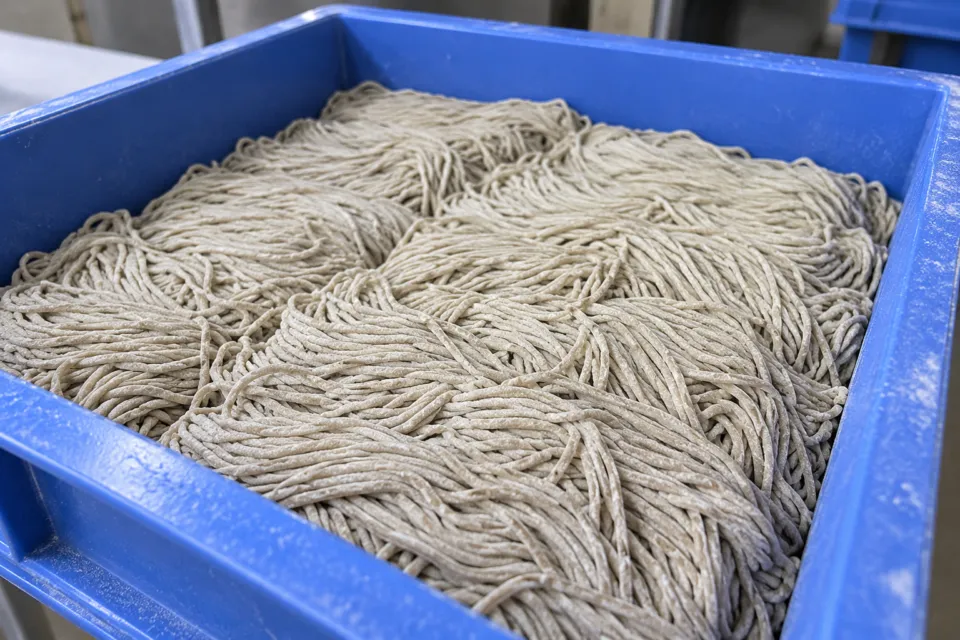 手打ちそば処 乃むらの打ち上がったそばを並べた青い箱