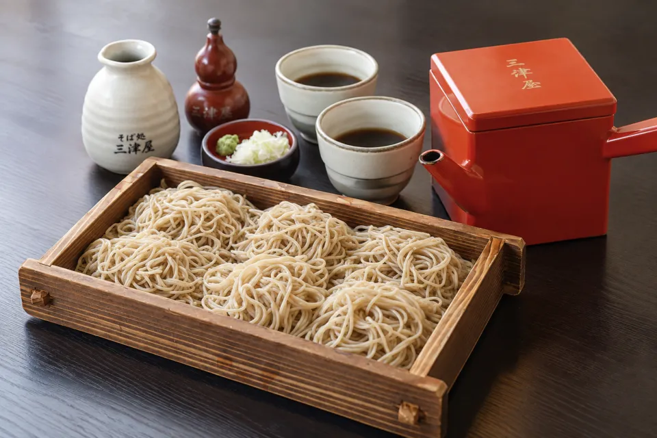 そば処 三津屋 本店のつゆと薬味を添えた半板そば