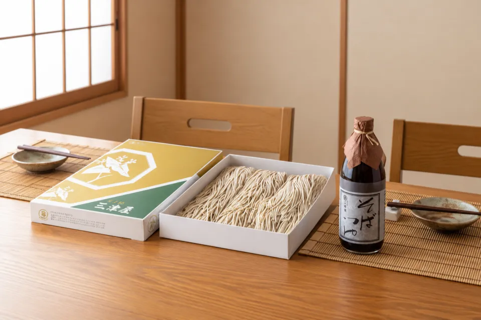 そば処 三津屋 本店の公式サイトで紹介されるそばとつゆの包装