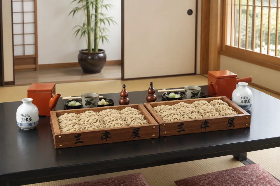そば処 三津屋 本店の板そばを囲む和室の食卓