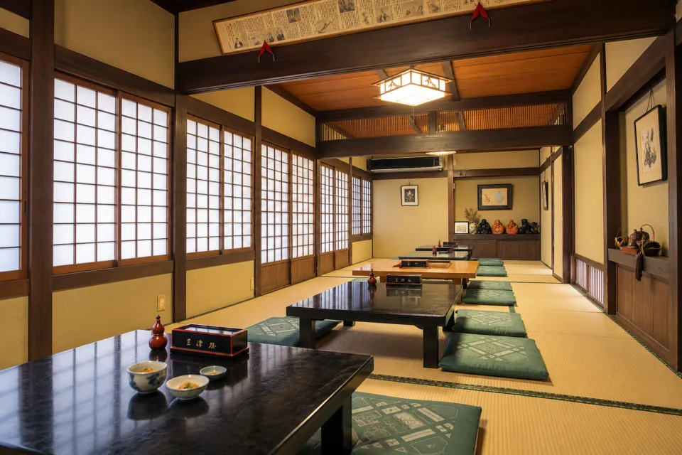 そば処 三津屋 本店の障子と低い卓が並ぶ座敷
