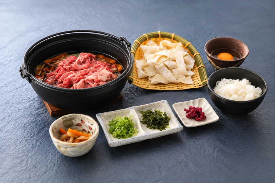 郷土料理と酔い処 蒼水庵の上州牛おっきりこみと雑炊用のご飯・卵