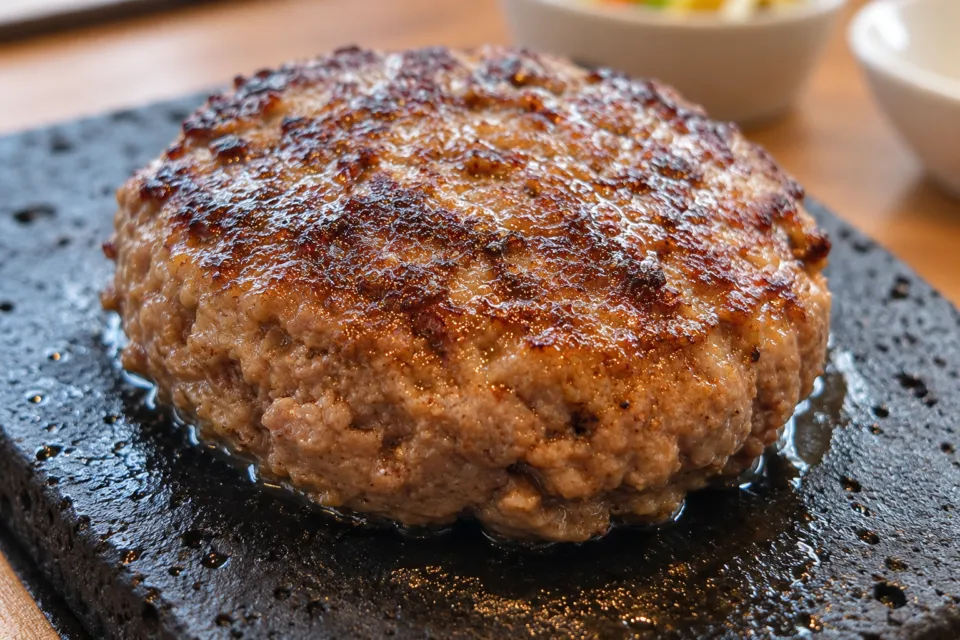 溶岩焼ステーキ&ハンバーグ 崋山の黒いプレートに載ったハンバーグ