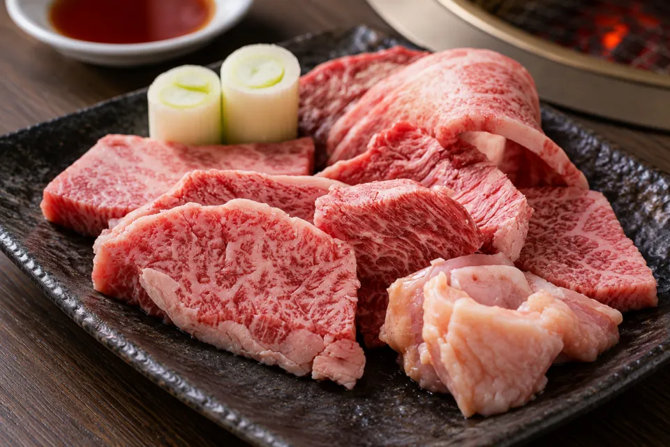 炭火焼肉 久の肉とねぎの盛り合わせ