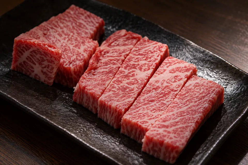 炭火焼肉 久の厚切りの肉の盛り合わせ