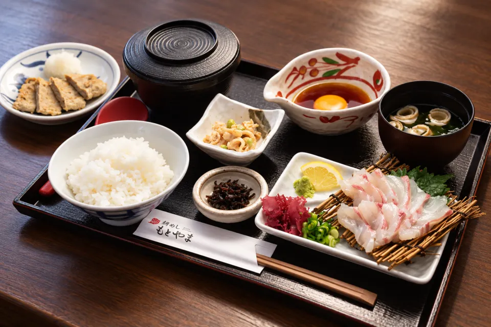 鯛めし もとやま 本店のじゃこ天を添えた鯛めしのお膳