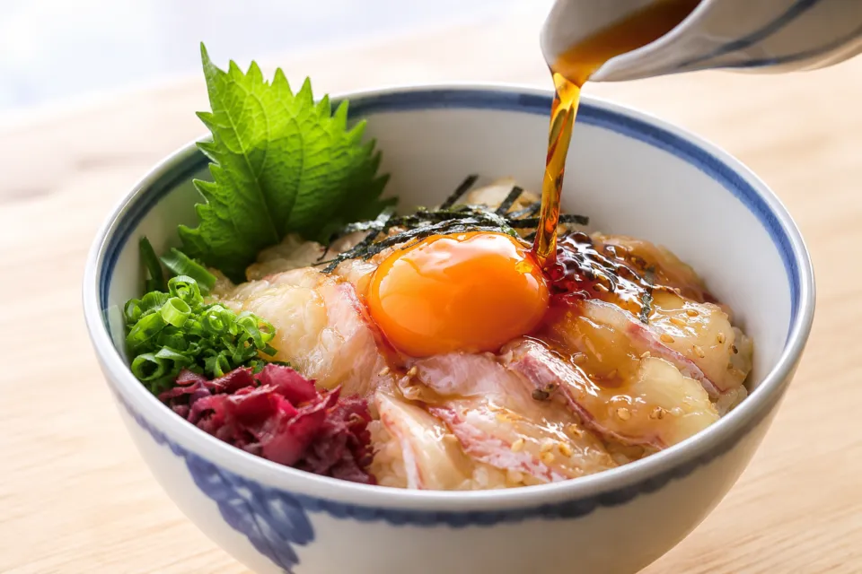 鯛めし もとやま 本店の卵黄と薬味を添えた鯛めし