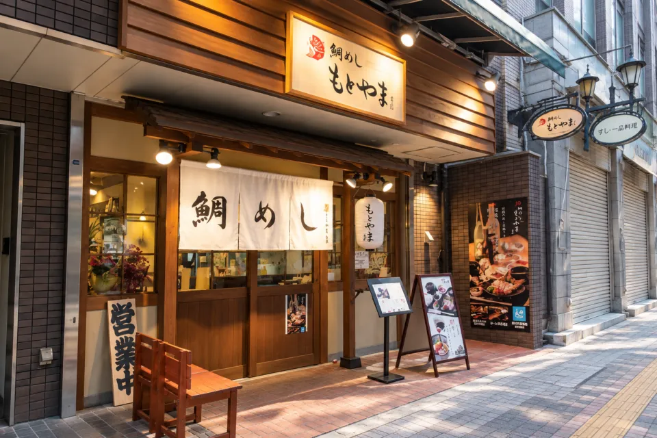 鯛めし もとやま 本店の本店の暖簾と入口