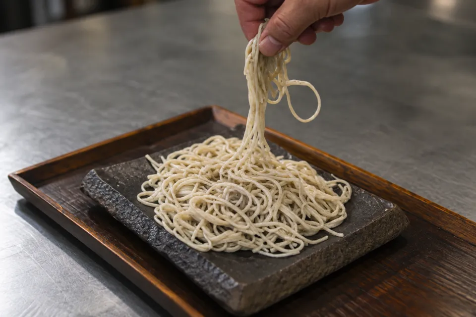 高千穂蕎麦 おたに家の角皿に盛られた蕎麦