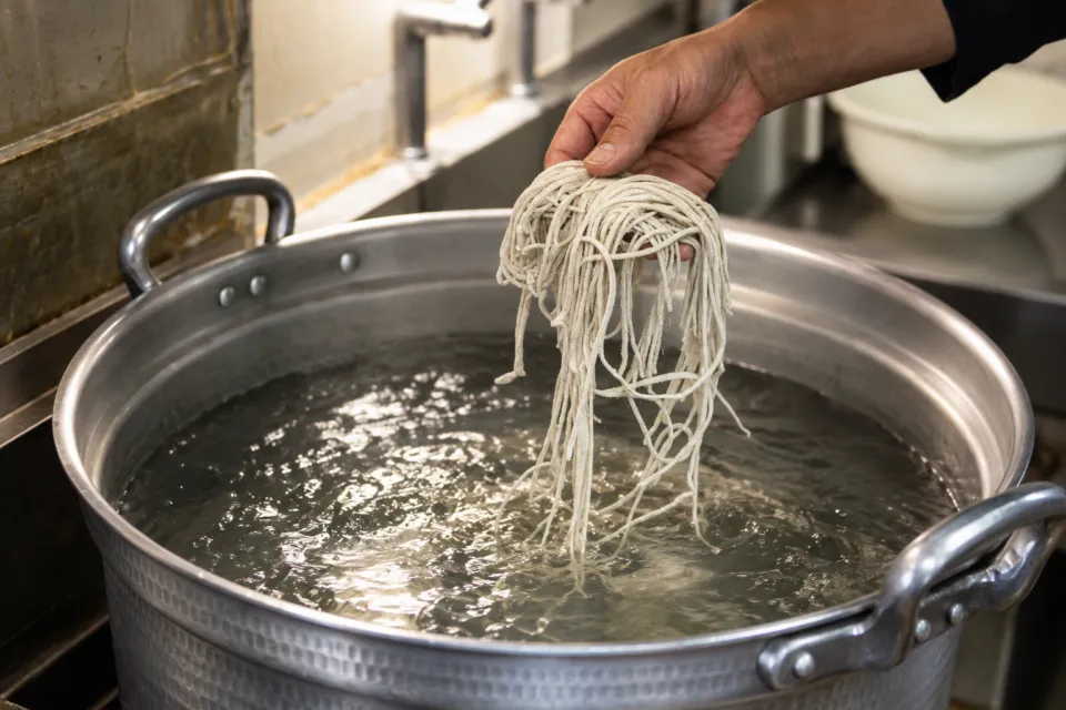 高千穂蕎麦 おたに家の蕎麦をゆでる大鍋と麺