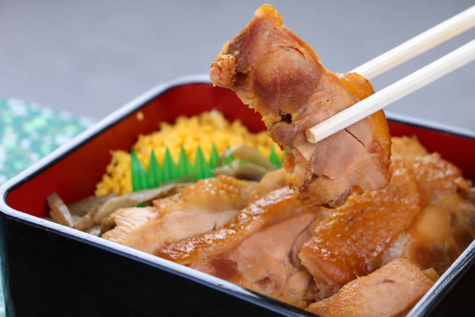 玉屋旅館の箸で持ち上げたしゃも弁当の肉