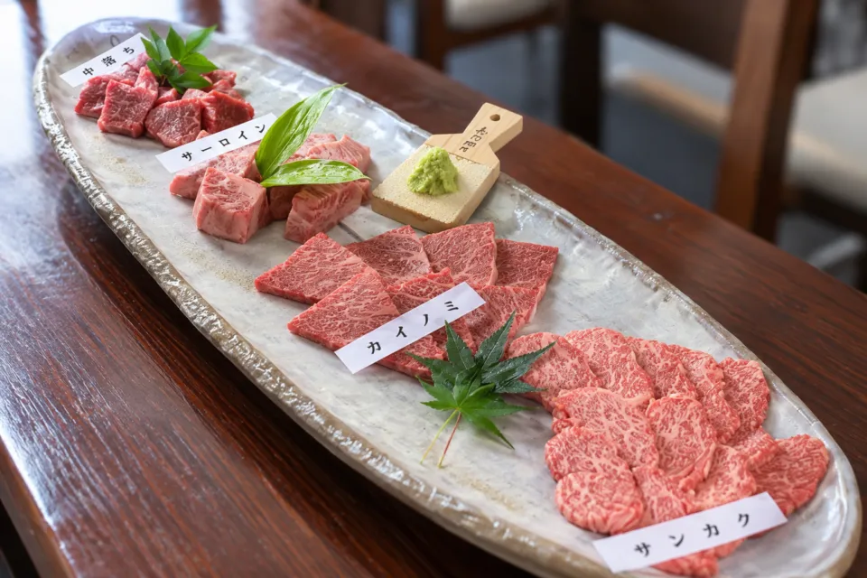 たなか畜産 天草本店の楕円の皿に盛り付けた複数部位の追加肉