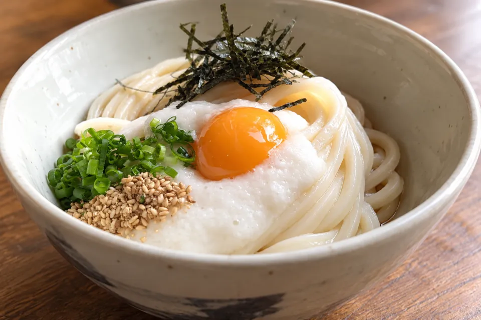 宗家 金毘羅饂飩 狸屋の卵と山いもをのせた冷やし山かけうどん