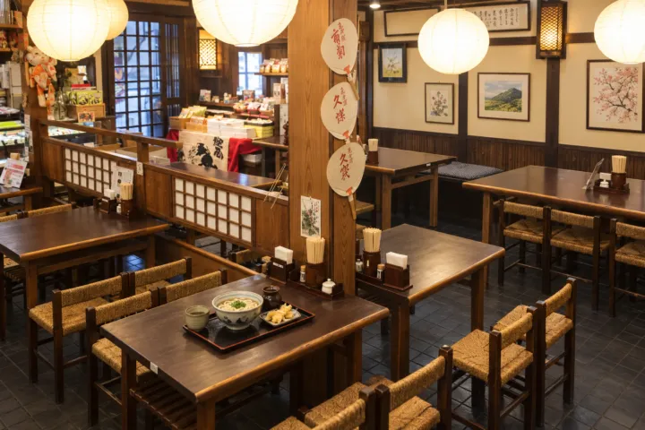宗家 金毘羅饂飩 狸屋の木製テーブル席と食卓のある店内