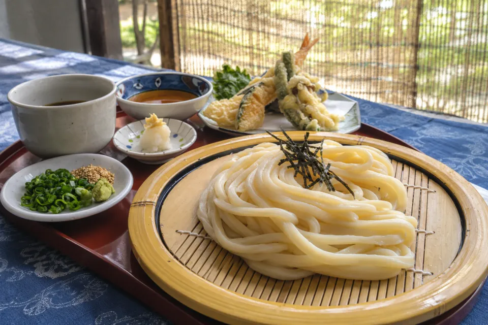 宗家 金毘羅饂飩 狸屋のざるうどんと天ぷらの盛り合わせ