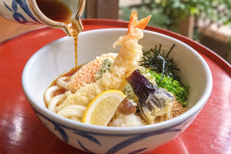 宗家 金毘羅饂飩 狸屋のつゆをかける天冷やおろしうどん