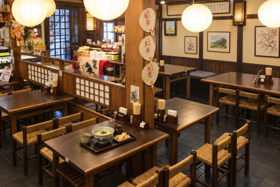 宗家 金毘羅饂飩 狸屋の木製テーブル席と食卓のある店内
