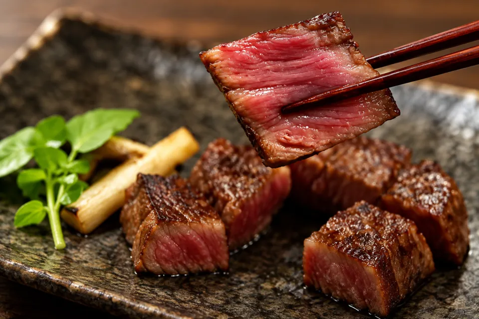 鉄板ふくもとの箸で持ち上げたステーキ