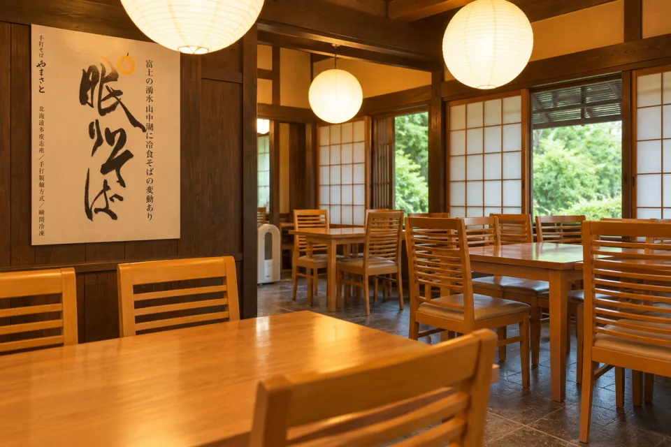 手打そば やまさとの店内の席と装飾