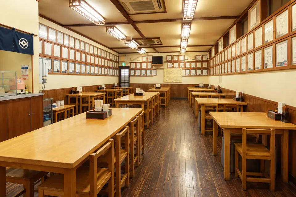 釜揚げうどん 戸隠 本店の木製テーブルと椅子が並ぶ客席