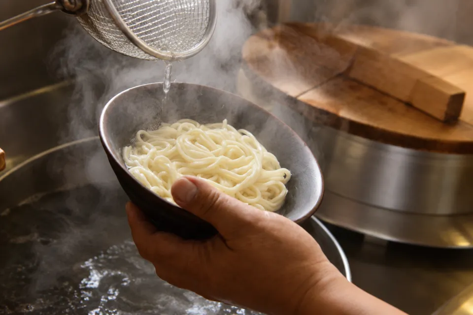 釜揚げうどん 戸隠 本店の湯気の立つうどんの盛り付け