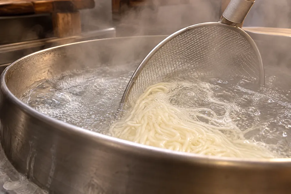 釜揚げうどん 戸隠 本店の羽釜で麺を茹でる調理風景