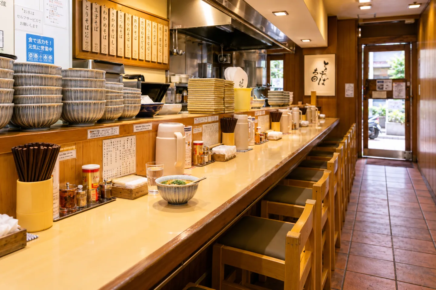 元祖岡山 とりそば太田の店内の木製カウンター席