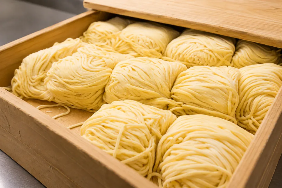 元祖岡山 とりそば太田の木箱に並べた麺