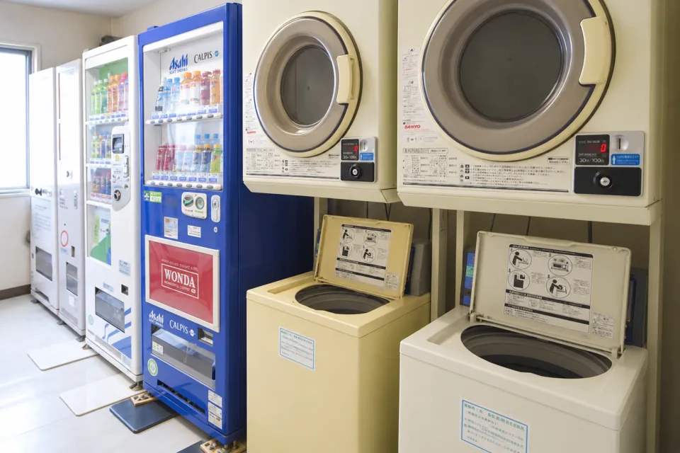 津山セントラルホテル タウンハウスのランドリーの洗濯機と乾燥機
