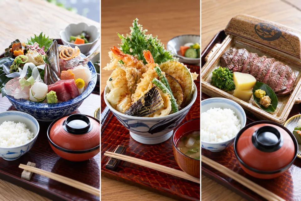 海ト空○ト星の刺身と天丼と肉料理の組写真