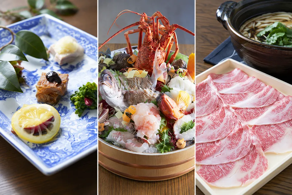 海ト空○ト星の夕食の前菜と魚介と肉料理の組写真