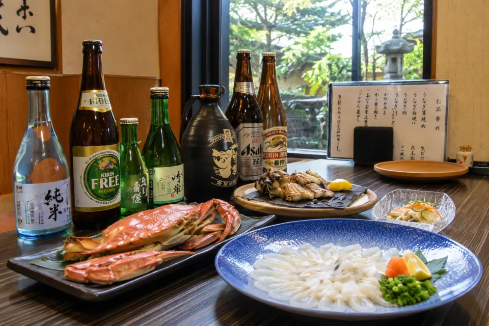 うなぎ 蓬ぜんの料理と酒瓶が並ぶ食卓
