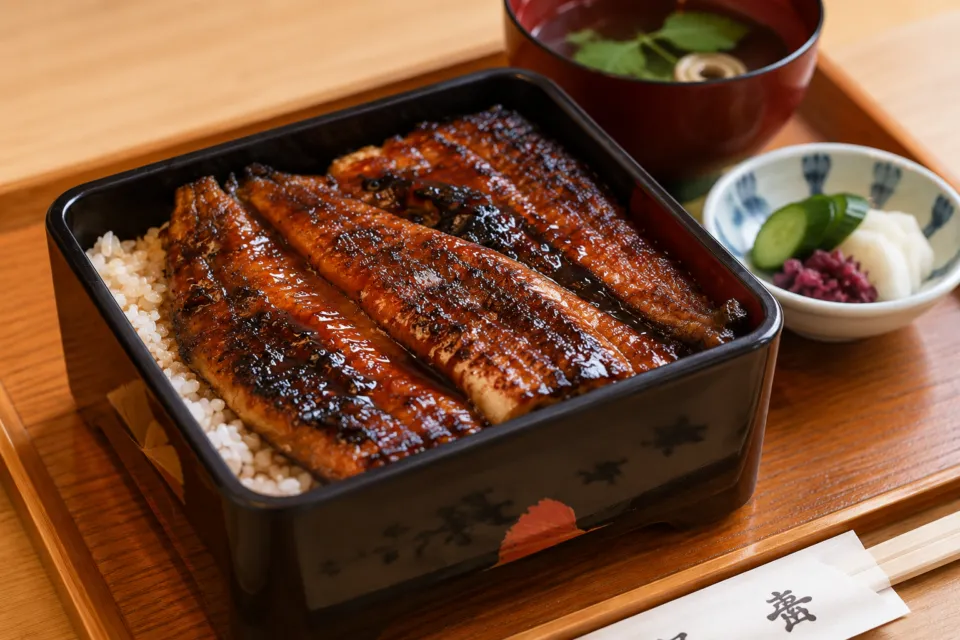 うなぎ料理 鹿六 新宮店の重箱に盛ったうなぎとご飯