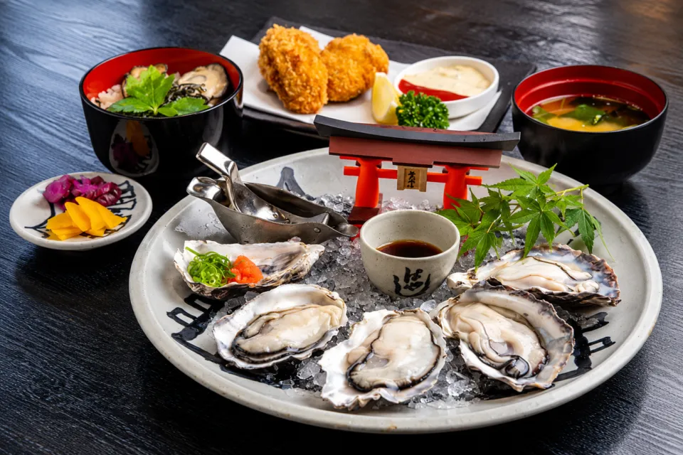 焼がきのはやしの生がき・フライ・かきめしのいつくしま定食