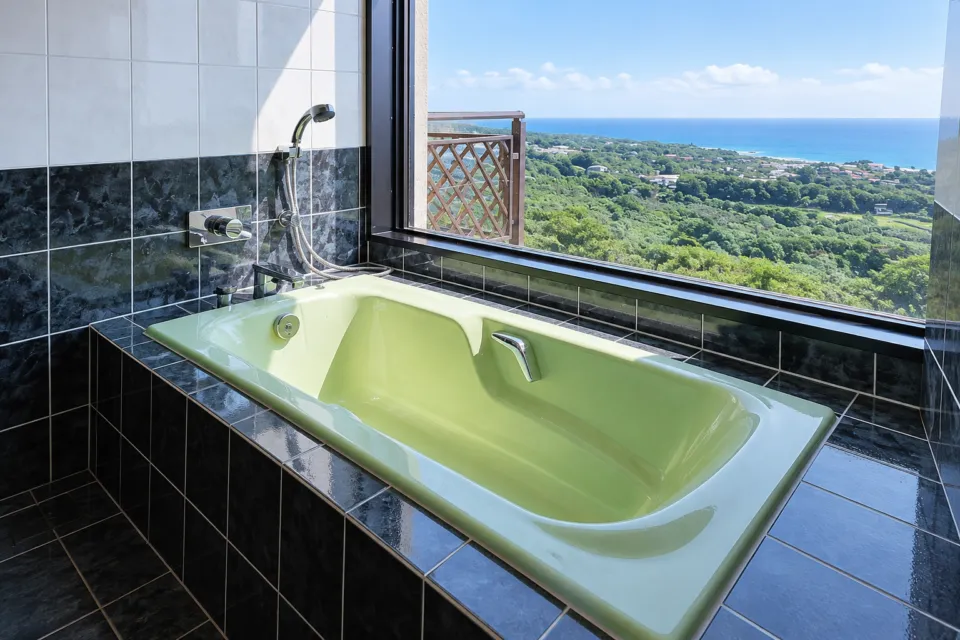 屋久島いわさきホテルの窓から景色を眺める和スイートの浴室