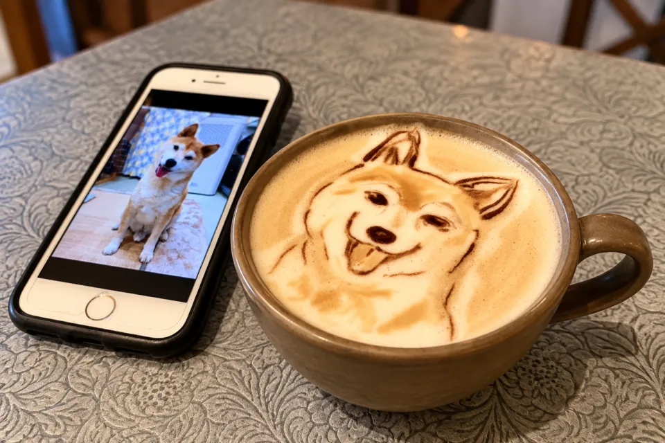 湯布院千家の犬を描いた手描きラテアート