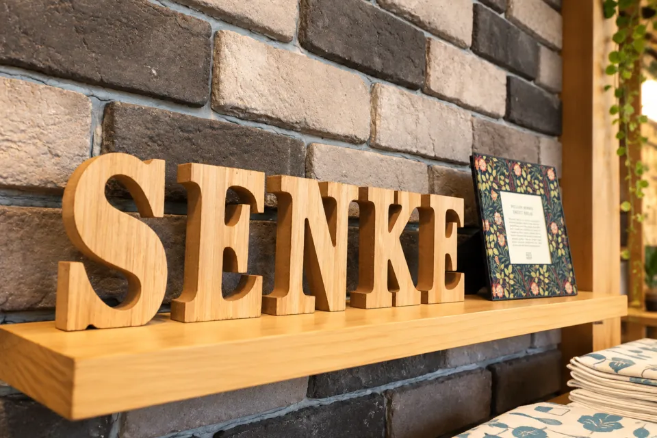 湯布院千家の店内の木製SENKEディスプレイ