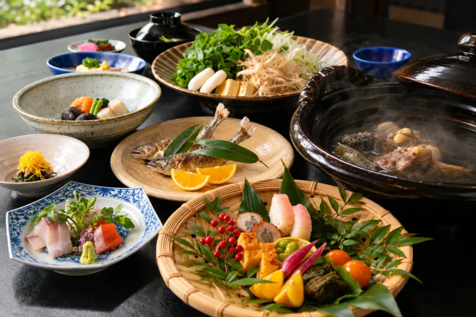 由布院 玉の湯の夕食の料理と野菜の盛り合わせ