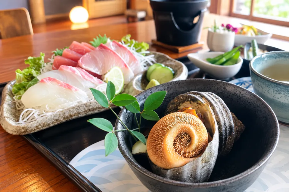 結乃屋MITSUBACHIの貝料理と刺身を並べた食卓