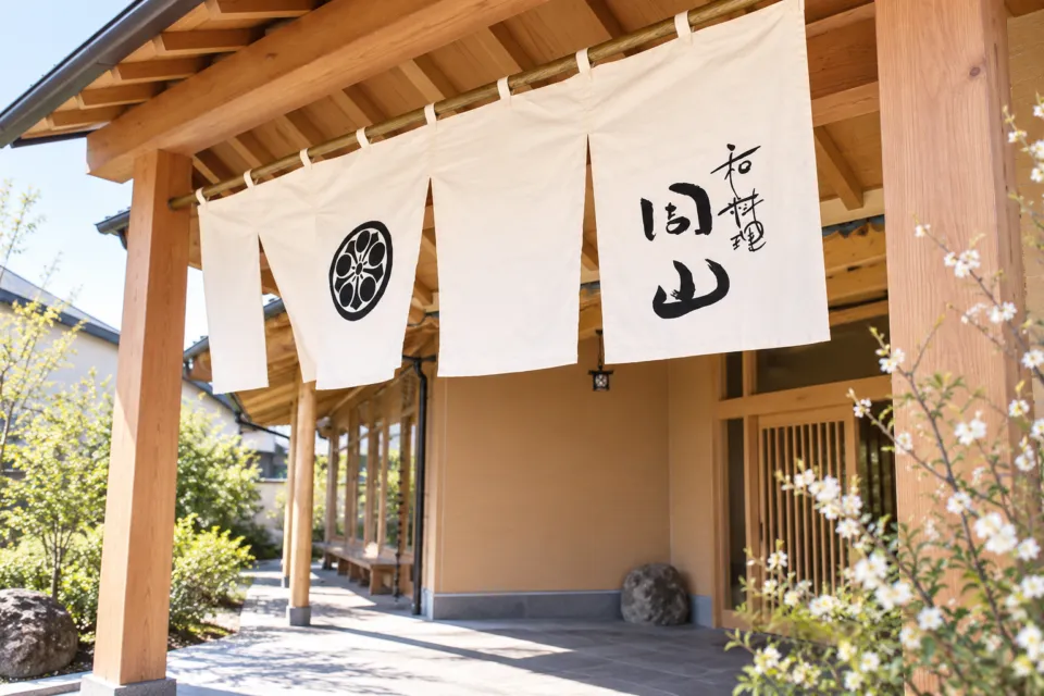 湯の宿 周山の周山の文字と紋を配した白い暖簾