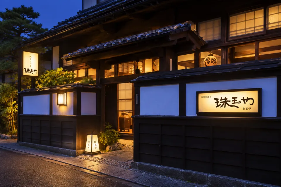 湯田川温泉 珠玉やの夜の正面玄関